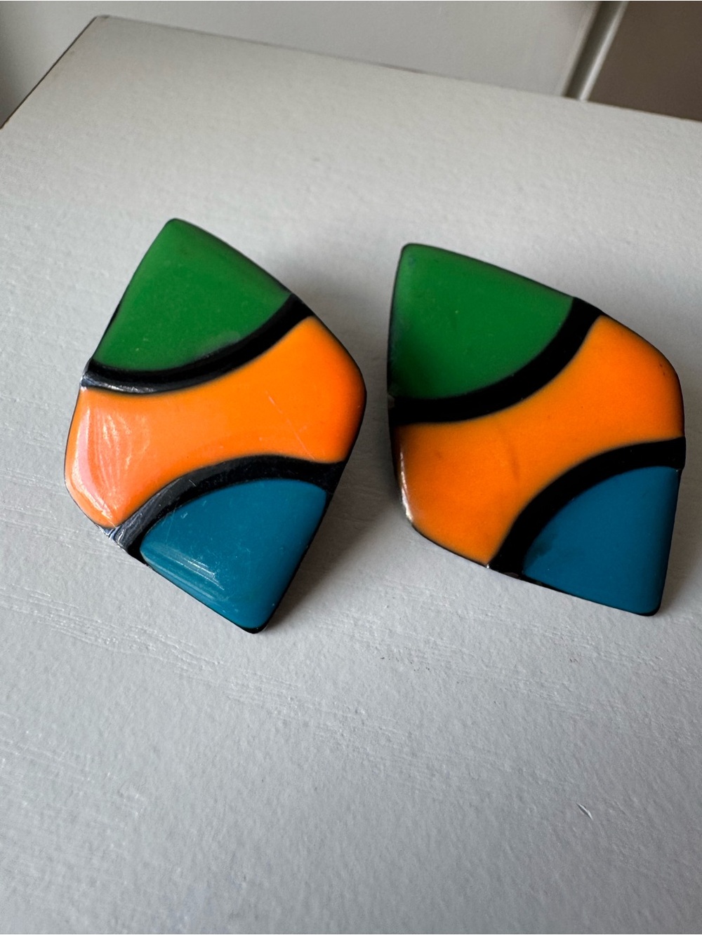 Vintage 1980s Geometric Color-Block Enamel Shield Earrings